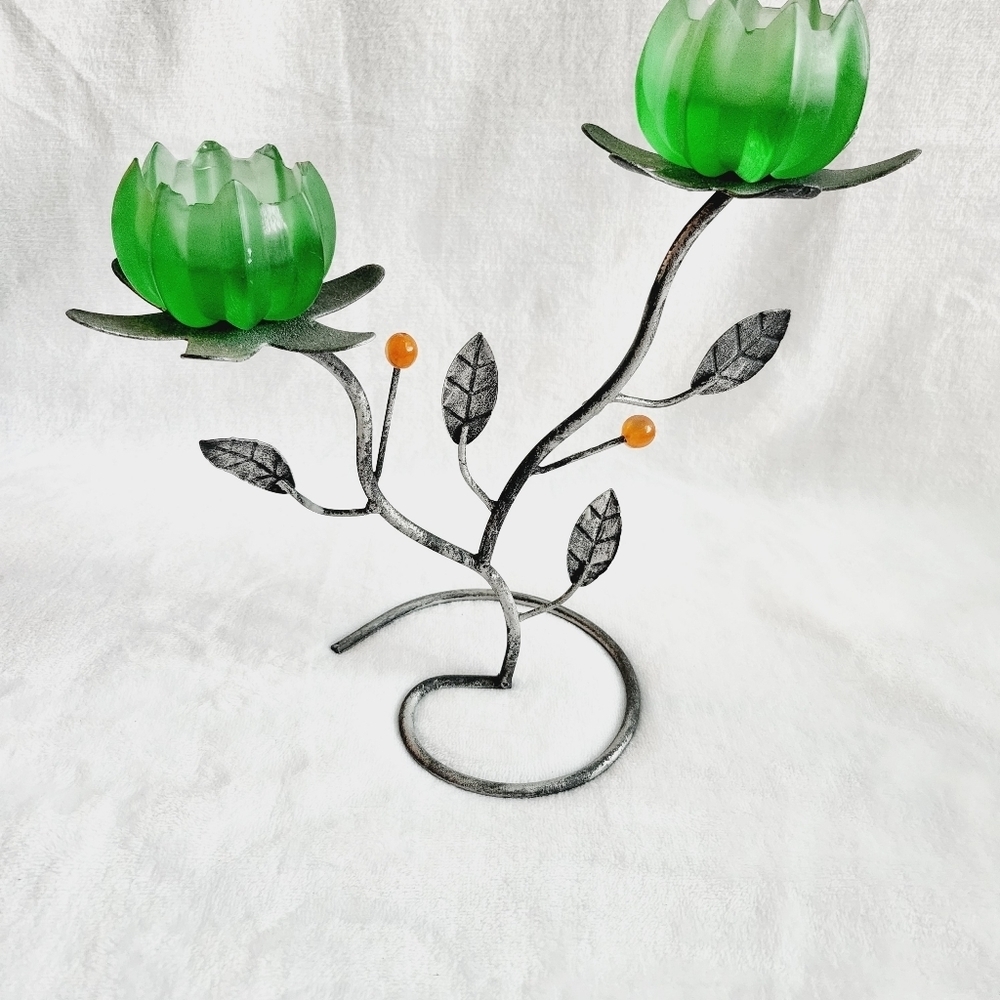 CANDLE holder, metal and green glass